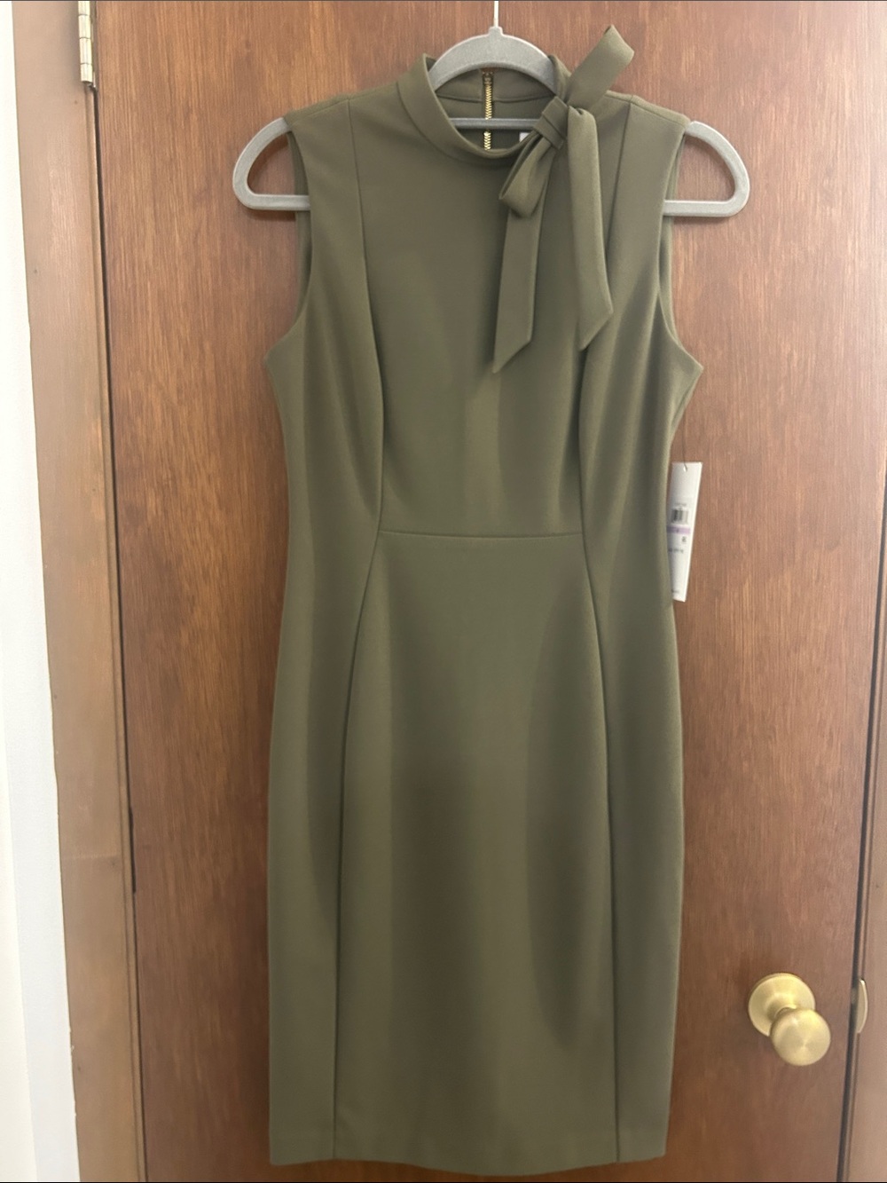 Calvin Klein Olive Sleeveless Tie-Neck Sheath Dress